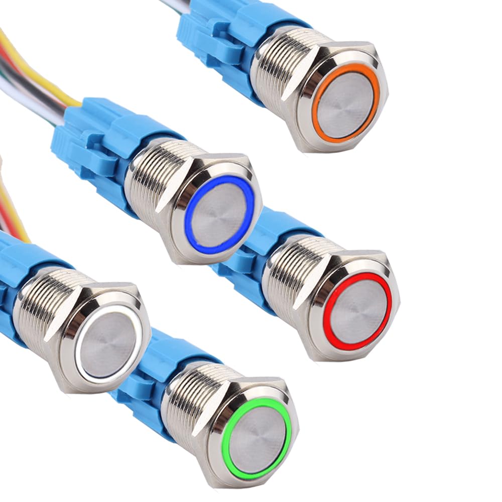 5pcs 16mm Metal Latching Push Button Switch Silver Shell 5/8" Mounting Hole, 12V-24V ON Off 5Pins 1NO 1NC with Pigtail Halo Ring LED Light 5 Colors (Blue,Green,Red,White,Yellow)