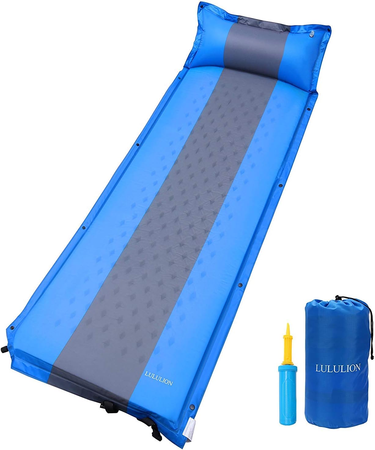 iBaseToy Camping Sleeping Pad Self Inflating with Attached Pillow, Inflatable Foam Mat Ultralight, Folding Air Mattress for Hiking, Backpacking, Tent, Sleeping Bag- Air Pump Included