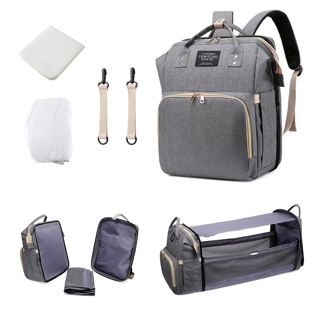 Mochila de pañales para bebé, de gran capacidad, organizador para cuna de viaje, mochila con alfombrilla y correas para cochecitos, bolsas aislantes para calentar botellas (gris claro),