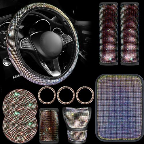Shkalacar Juego de 11 fundas para volante de coche, incluye funda para volante, cubierta de palanca de cambios, cubierta de freno de mano, anillos decorativos para decoración interior de coche