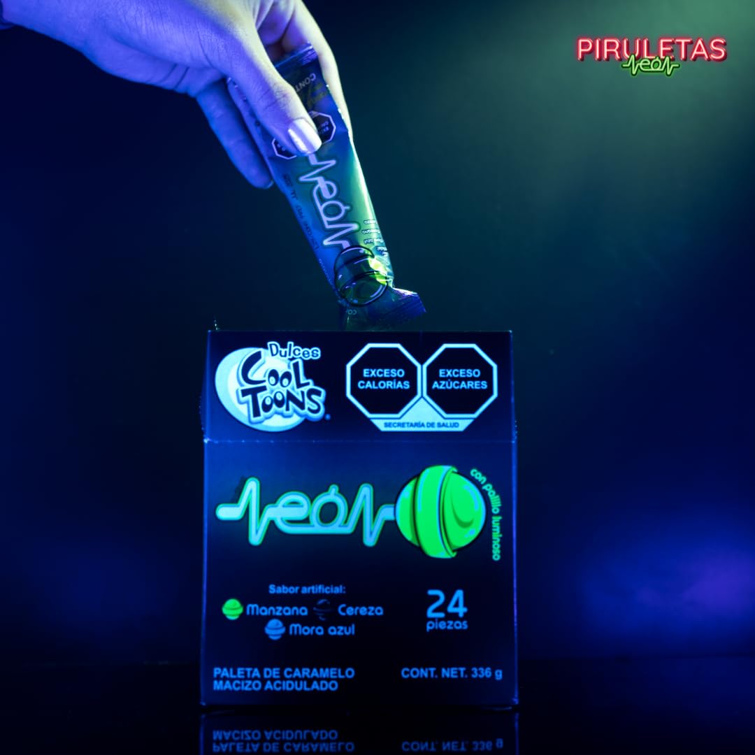 Piruletas Neón – Pack 24 | Piruleta luminosa con palo fluorescente que se activa al doblarlo | Sabores Manzana, Cereza y Mora | Ideal para fiestas, bodas, discotecas y eventos
