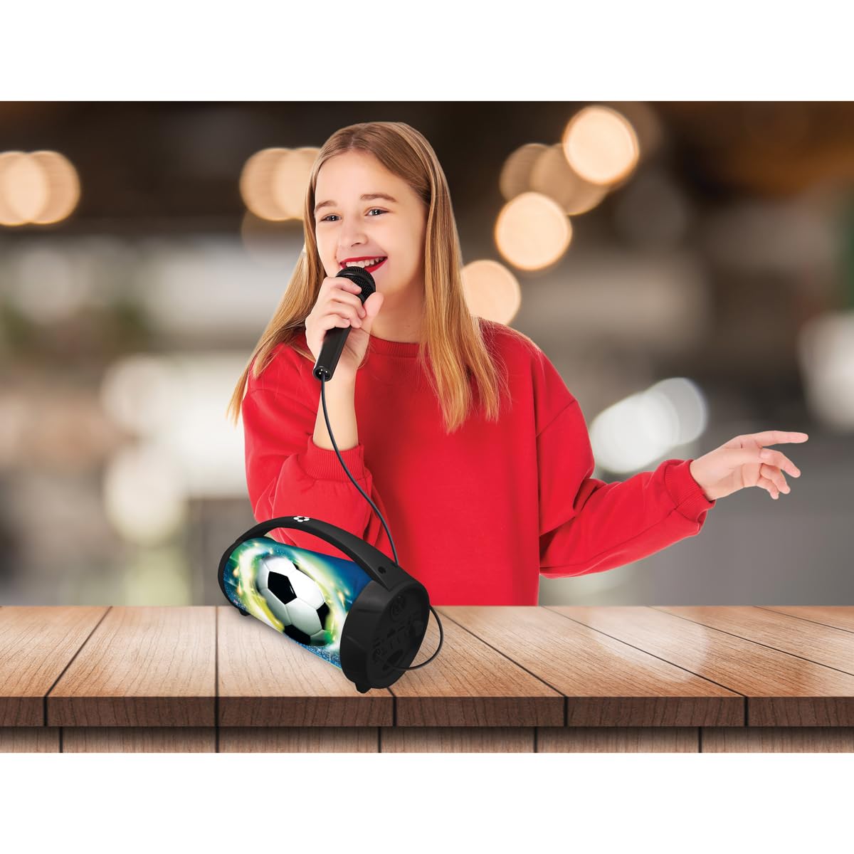Lexibook, Altoparlante Bluetooth Calcio con Microfono, Altoparlante Bluetooth Portatile, Microfono Cablato Incluso, Altoparlante Ricaricabile per Bambini 6+, Bianco e Nero, BTP585FOZLXB