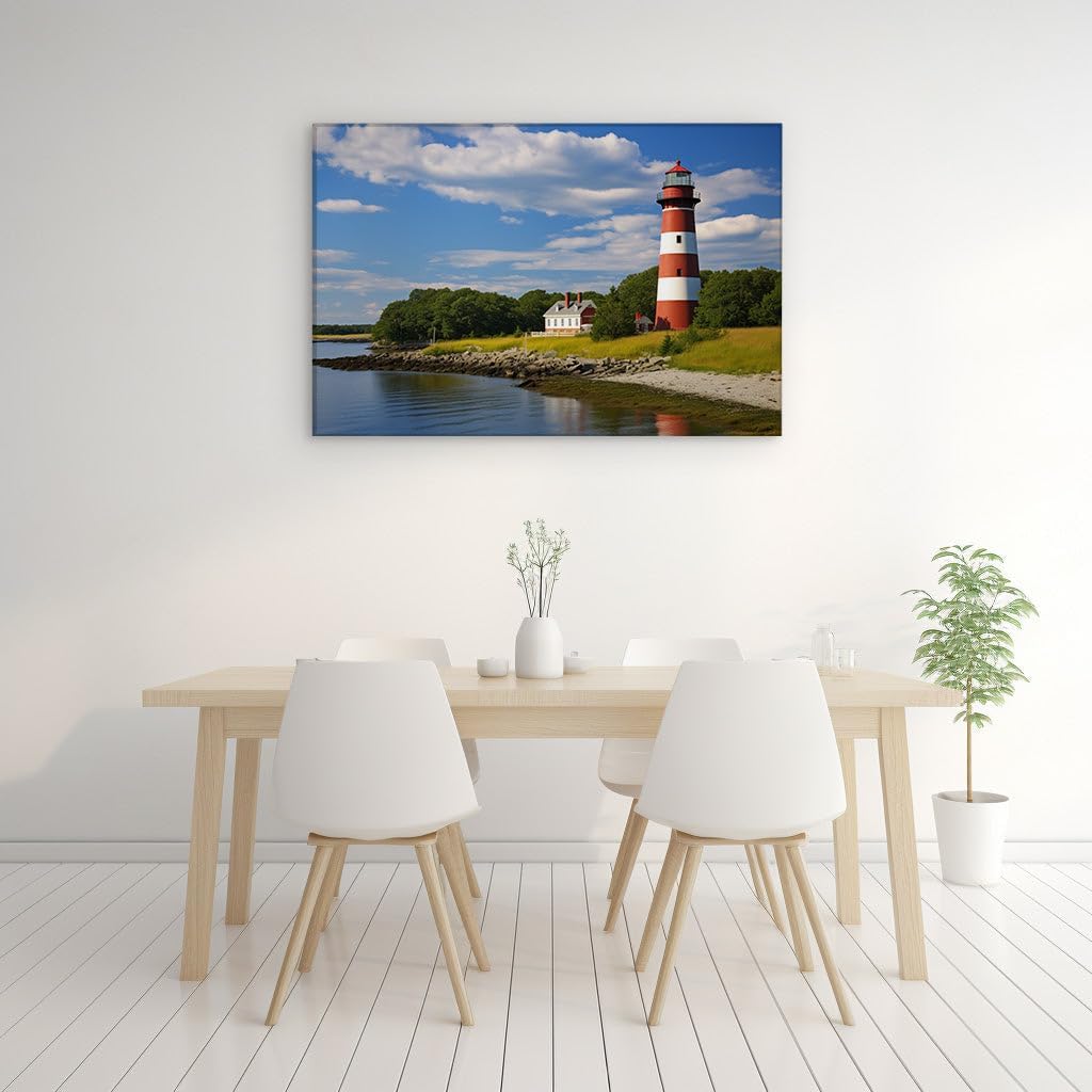 Canvas for Living Room. Lighthouse Elegance: Red and White Stripes Against a Pastoral Shoreline Escape, 27 x 18 inch Canvas Wall Art - Modern Home Decor