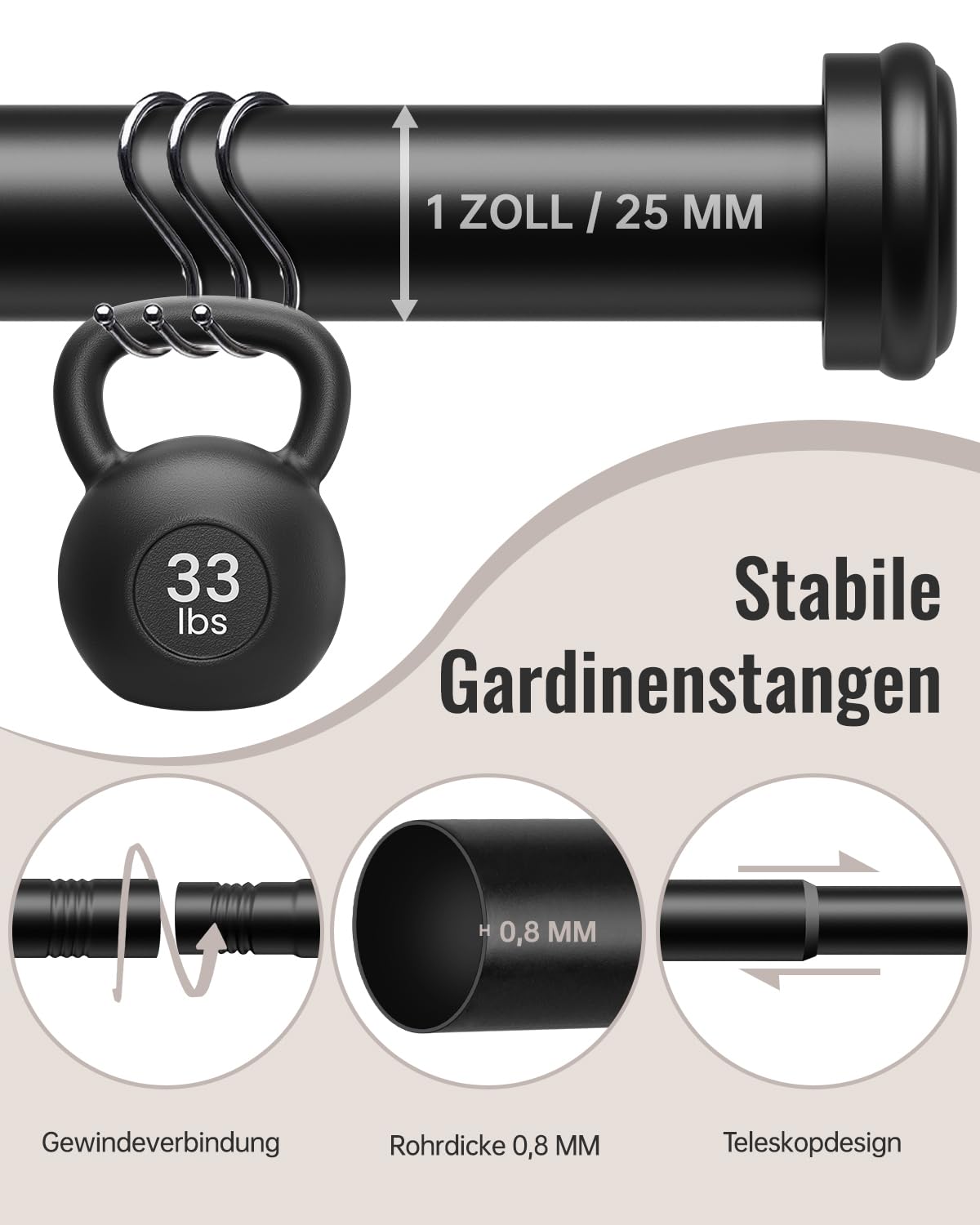 barra de cortina negra, 80 a 367 cm para ventanas, diámetro de 25 mm, barra de cortina con soporte y extremos simples para dormitorio, sala de estar.
