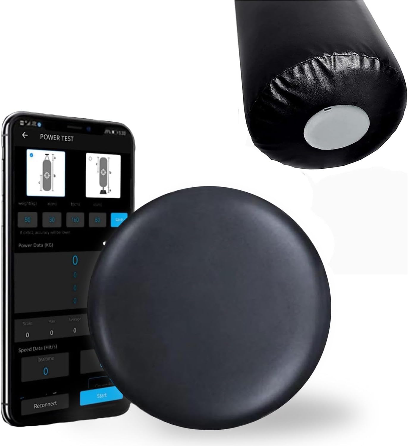 Sac De Frappe Intelligent avec Suivi De La Force : Mesure en Temps Réel De La Puissance Et De La Vitesse De Frappe, 3 Modes De Test, Autonomie De 200 h, Retour Vocal, Black