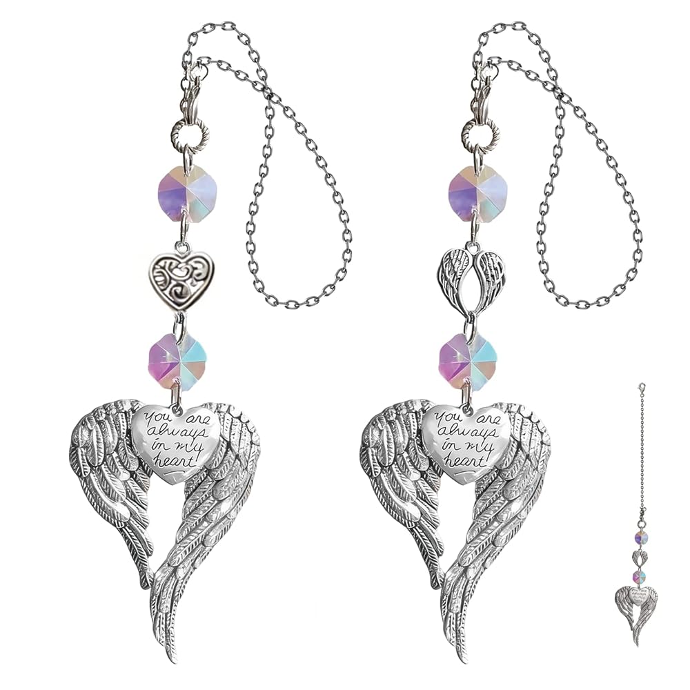 2 Pack Angel Wings and Heart Suncatcher for Windows - Elegant Memorial Ornaments Set, Garden & Balcony Decor with Rainbow Reflections, Metal Hanging Decor for Home and Office