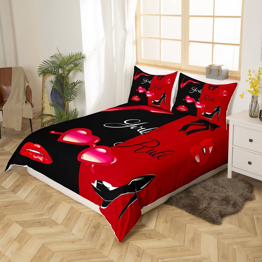 Hochzeit, Thema, Bettbezug, Mode, Damen, Make-up, Bettwäsche, 220 x 240 cm, sexy Lippen, rot, schwarz, romantisches Paar, Valentinstag