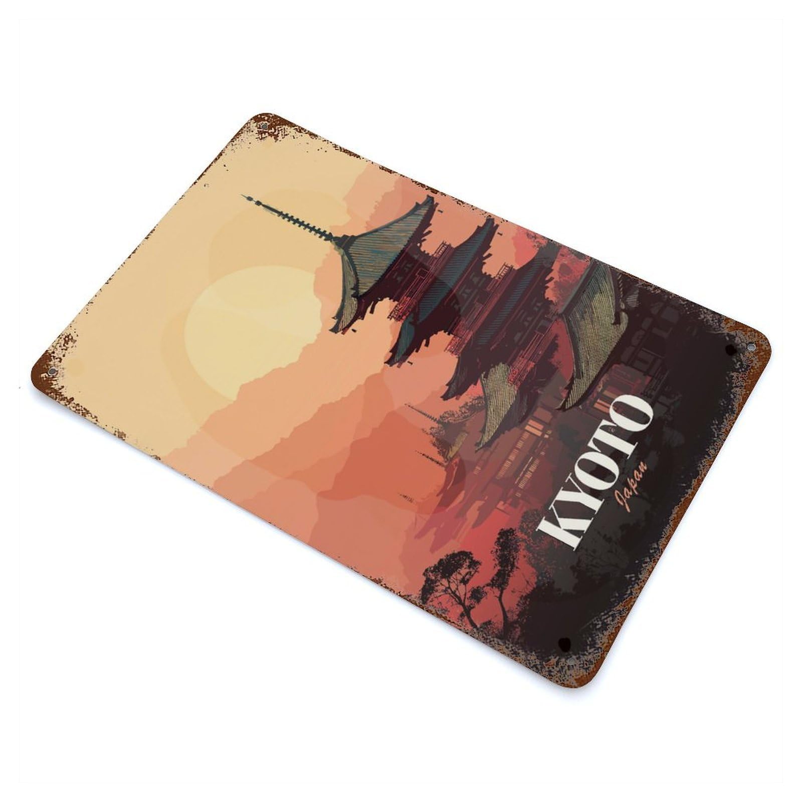 Rust Effect Kyoto Japan Pagoda Sunset Art Rusty Metal Tin Sign 11.8"x7.9", Rustic Home Decor for Bistro, Counter And Cafe Decor
