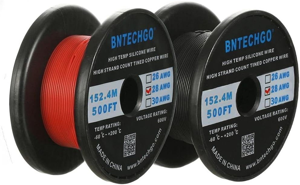 BNTECHGO 28 Gauge Silicone Wire Spool Red and Black Each 500ft Flexible 28 AWG Stranded Tinned Copper Wire
