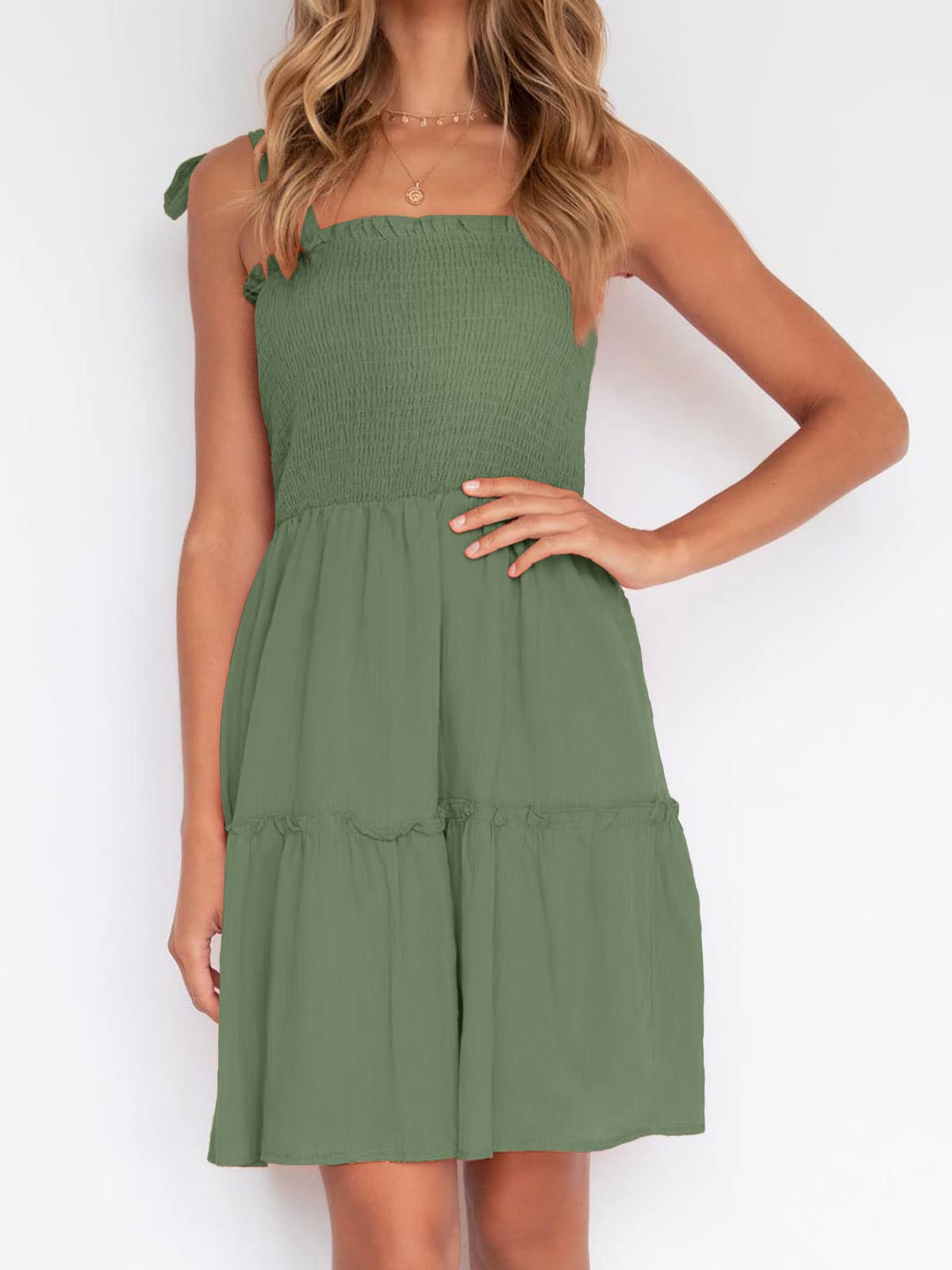 ZESICA Women's 2025 Summer Spaghetti Strap Sleeveless Square Neck Ruffle A Line Swing Mini Dress