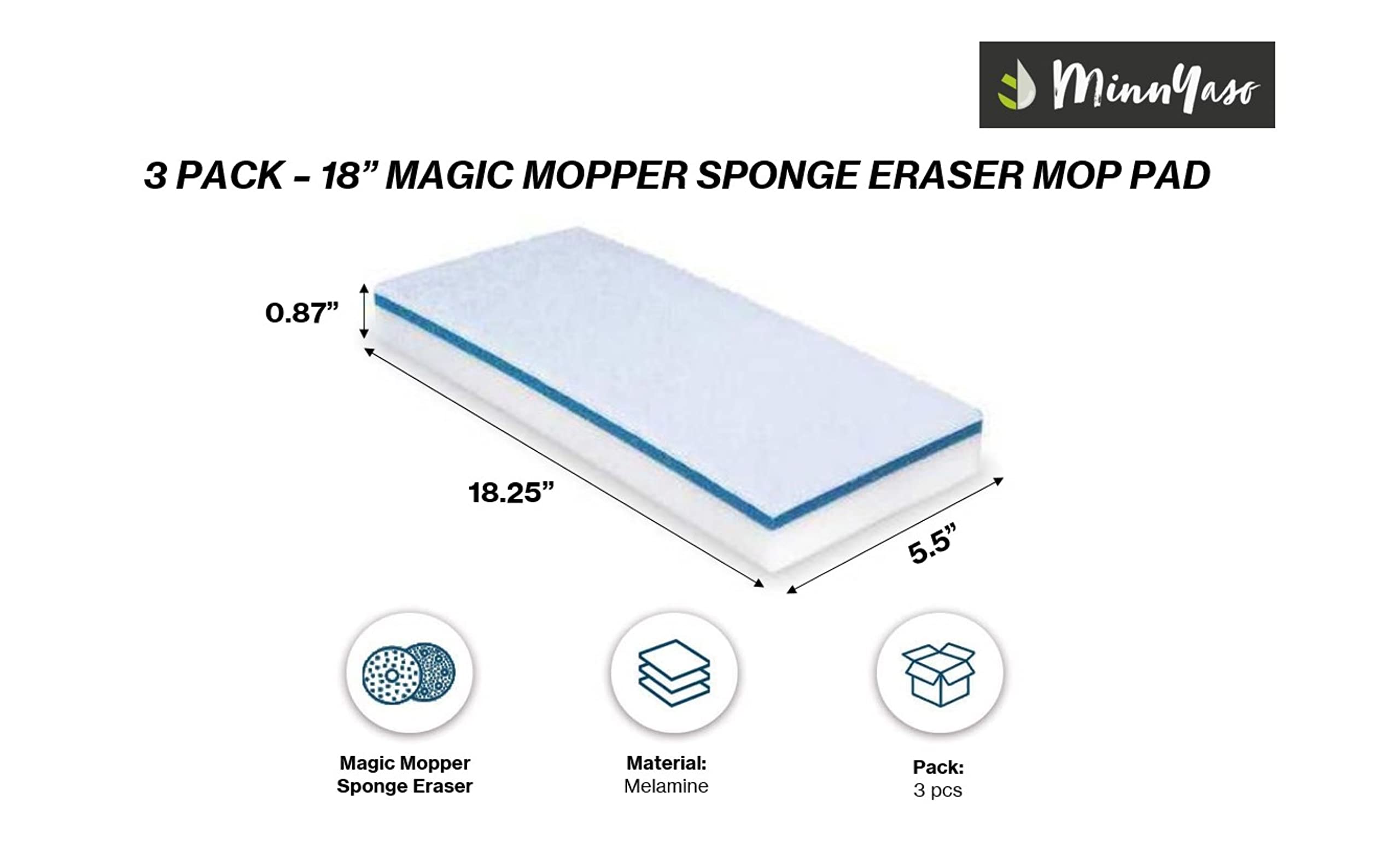 Magic Mopper - Almohadilla de esponja para fregona | Compatible con mopa Bona y mopas húmedas de 18 pulgadas | Recambio de almohadilla de esponja mágica de 18 pulgadas | Paquete de 3