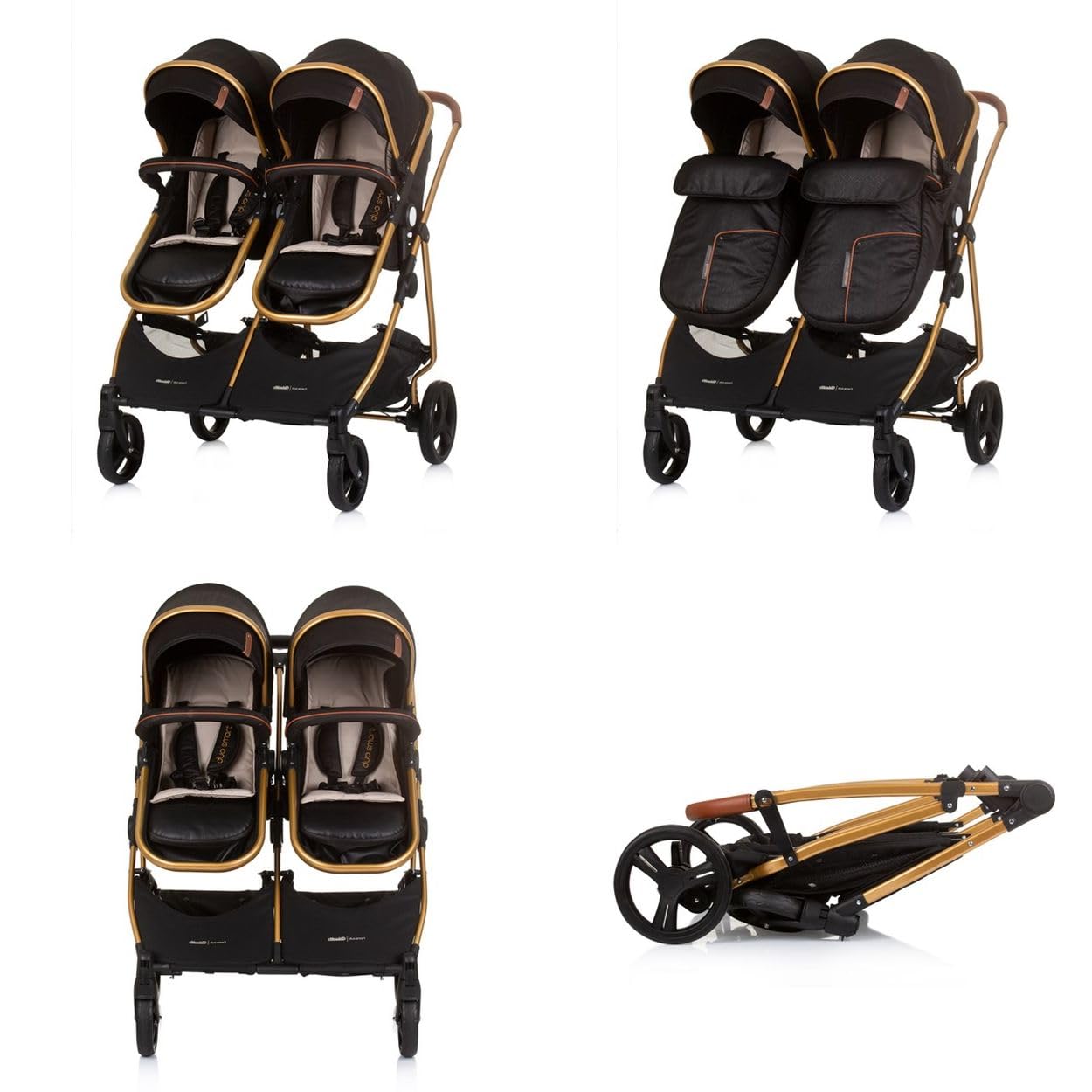 Chipolino, passeggino per fratelli, New Twin Duo Smart, pieghevole, cestino, colorazione:nero