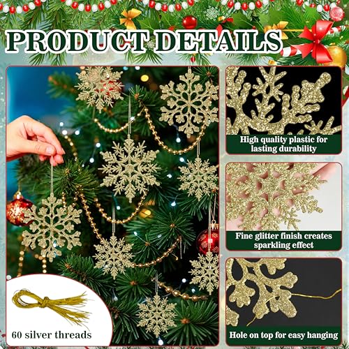 Image of 60pcs Christmas Gold Snowflake Ornaments Plastic Glitter Snow Flakes Ornaments for Winter Christmas Tree Decorations Size Varies Craft Snowflakes