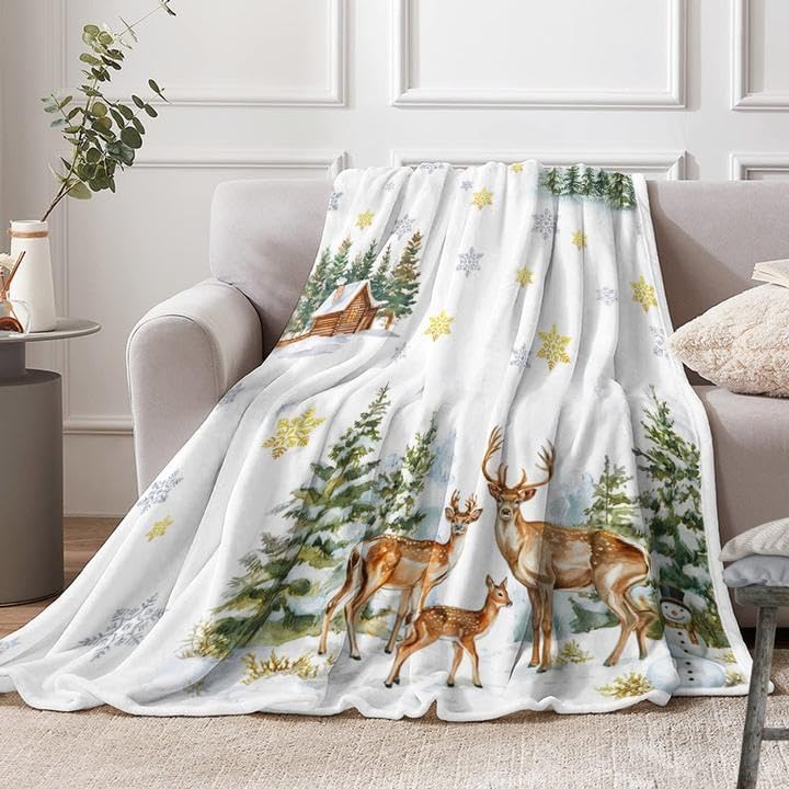 Christmas Throw Blanket, Winter White Elk Deer Green Pine Tree Gold Snowflake Yeti Cozy Winter Blanket, Warm Winter Cabin Throw Plush Throw Blankets for Bed, Sofa, Chair - Extra Cozy, 60X80.