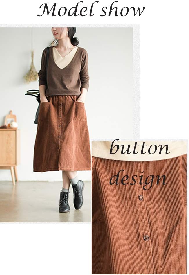 Minibee Women's Corduroy Midi Skirt Front Split Buttons Decoration A-Line Dress - Image 6