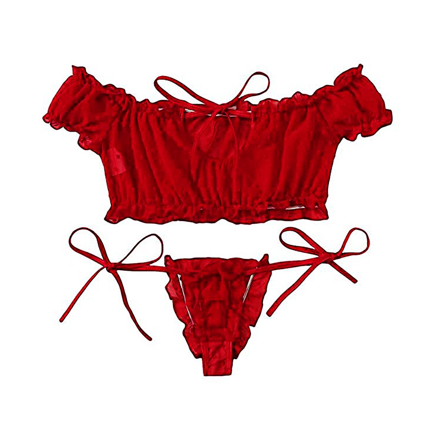 QHQQXN Conjunto de lencería, Lindo Conjunto de Sujetador y Bragas Transparentes, Ropa Interior de Peluche con Tiras y Lazo Ajustable, Camisones de Dormir traviesos para Regalo de San Valentín