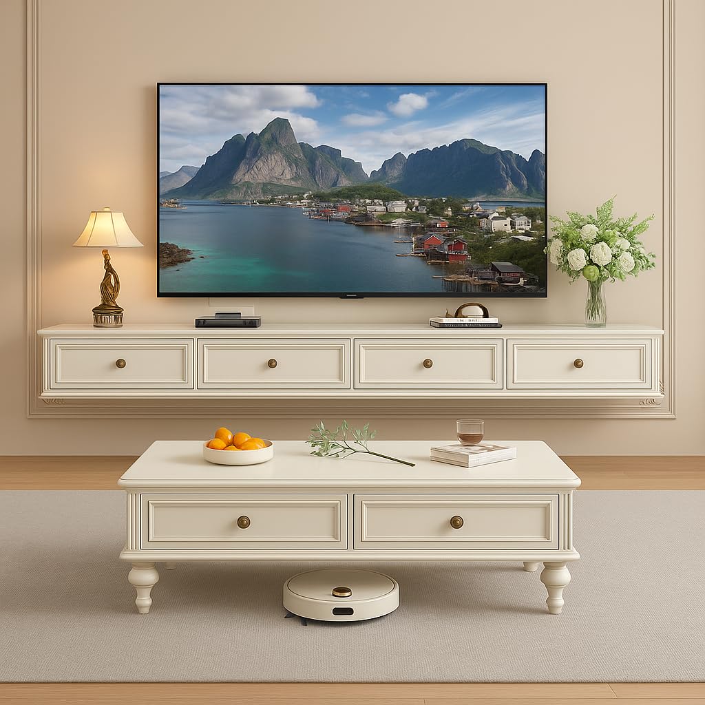 Weiß Hängendes TV Lowboard im amerikanischen Stil – 180–240 cm – Fernsehschrank mit 2 Schubladen & 2 offenen Fächern – für Wohnzimmer & Schlafzimmer geeignet (Weiß, 200CM)