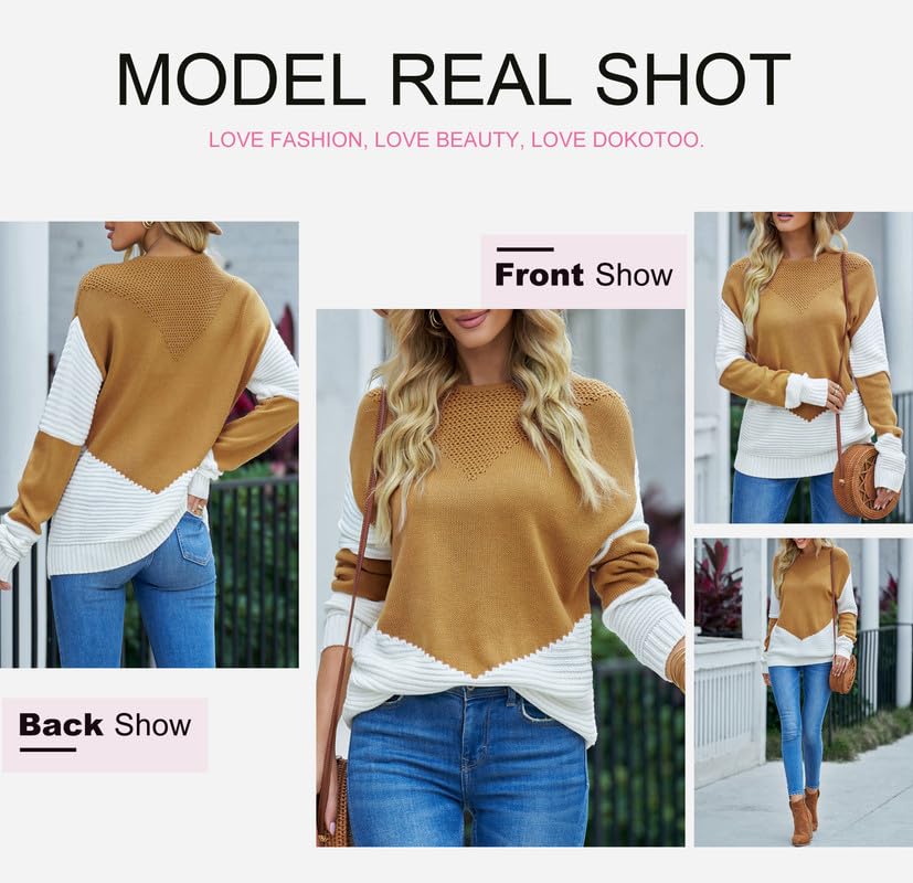 Image of Dokotoo Womens Crochet Crewneck Long Sleeve Pullovers Color Block Tunic Ribbed Sweaters Jumper Tops