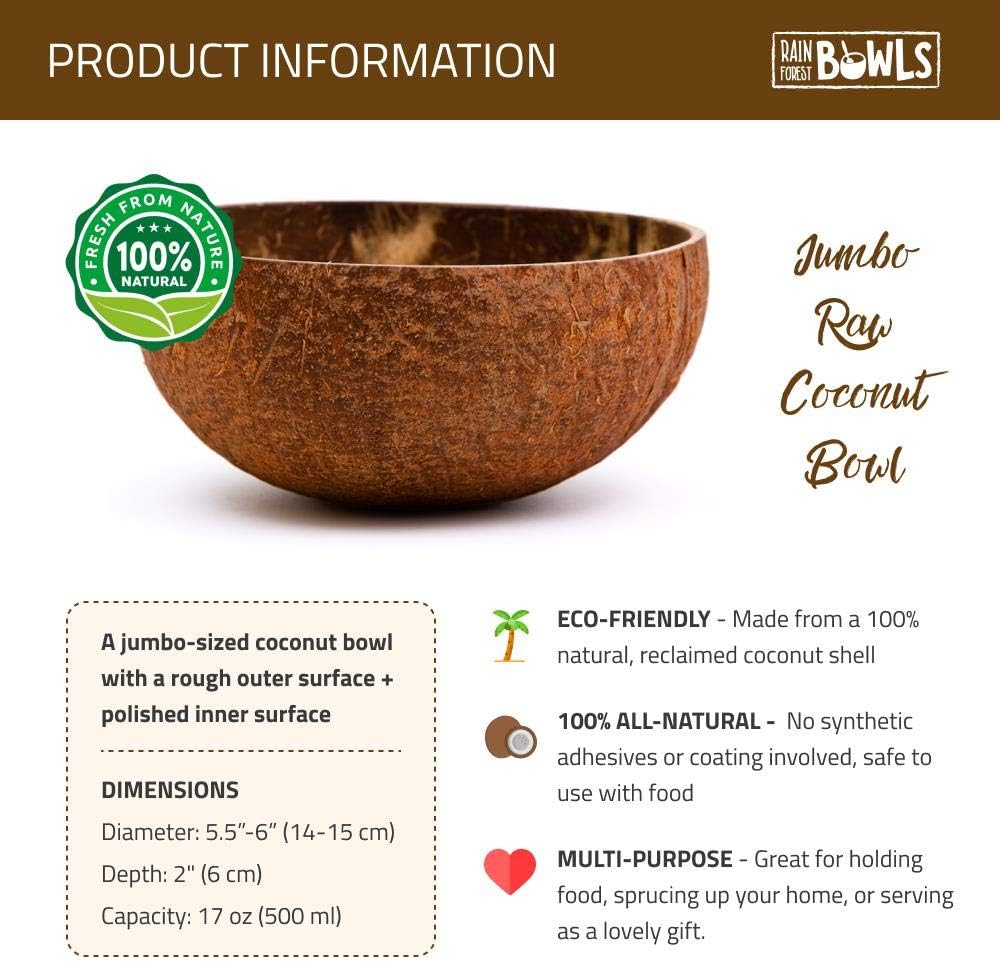 Rainforest Bowls Set of 4 Jumbo Raw Coconut Bowls, 4 Wooden Spoons & 4 Reusable Bamboo Straws - 100% Natural, Hand Carved by Artisans, Eco-Friendly & Sustainable - Smoothie/Acai/Salad Bowls