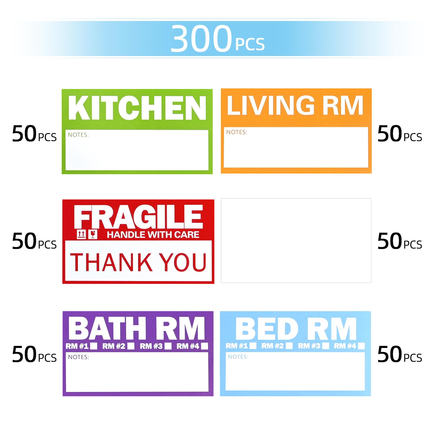 Home Moving Labels, 300 etichette per traslochi codificate a colori per scatole, adesivi grandi da 8,9 x 5,1 cm con aree scrivibili, include fragili e vuote, rimovibili