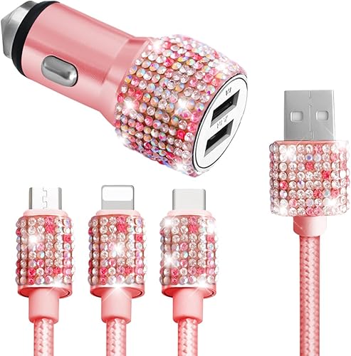 Bling - Cargador USB dual para automóvil con cable de carga rápida múltiple 3 en 1, adaptador de cargador de doble puerto con cable micro USB tipo C Bling - Cargador USB dual para automóvil con cable de carga rápida múltiple 3 en 1, adaptador de cargador de doble puerto con cable micro USB tipo C