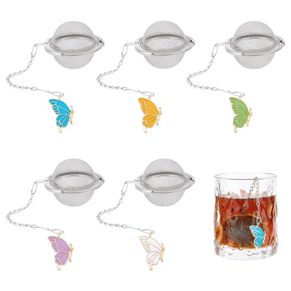 UNICRAFTALE 5pcs Round Stainless Steel Mesh Tea Infusers Round Tea Strainer with Butterfly Pendant Loose Tea Holder Tea Mesh Strainer Tea Filters for Brew Tea Spices Seasonin