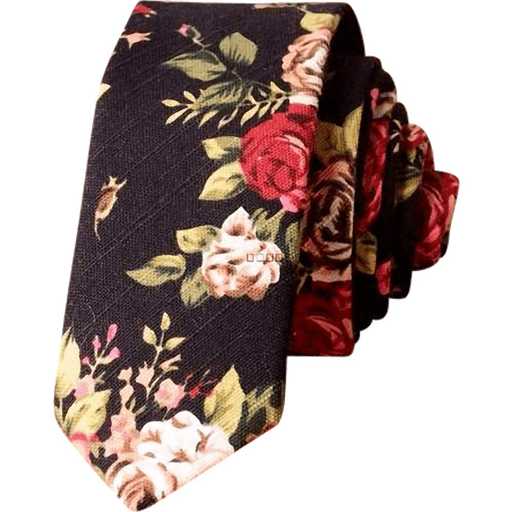Db Dickie Bow Men's Black Floral Luxury Cotton Skinny Neck Tie (Black Floral) - Suitable For Formalwear, Office, Weddings, Parties, Grooms & Grooms Outfits