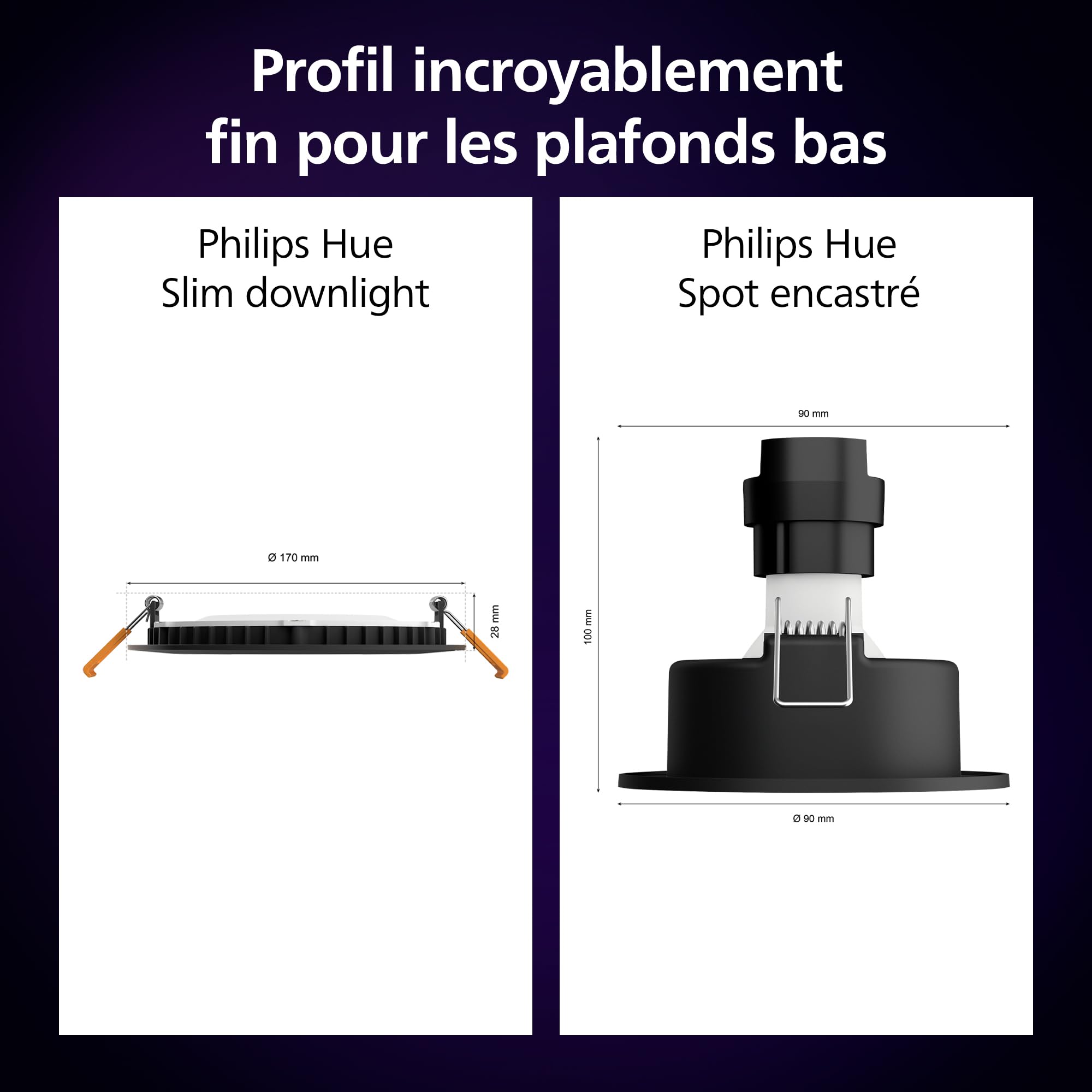 Philips Hue spot encastré connecté, 170mm, blanc et couleur, compatible Bluetooth, contrôle vocal avec Alexa, Apple Home et Google Assistant, noir