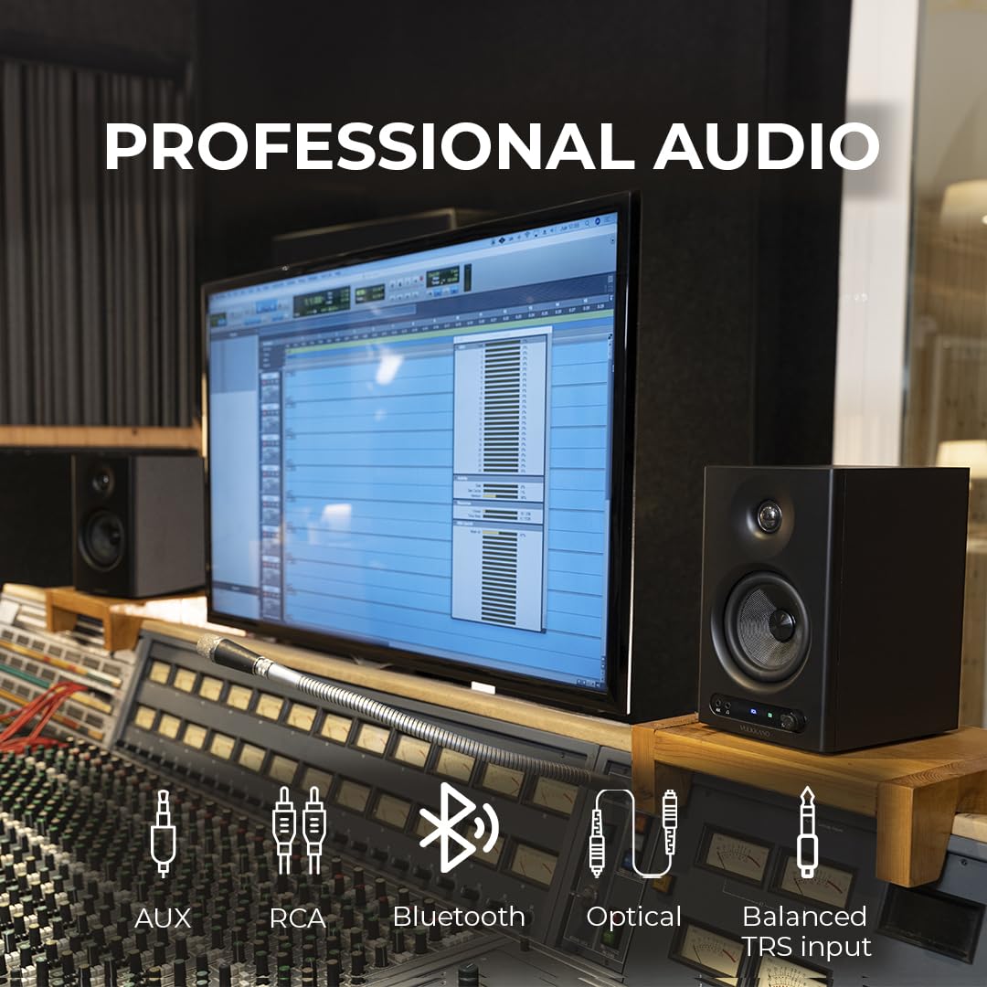 VULKKANO PRO4 Enceinte Monitoring Studio avec Woofer de 4”, Bluetooth, entrée Équilibrée TRS, RCA, Sortie pour Casque, AUX, Optique, réglages EQ, Moniteurs pour Home Studio