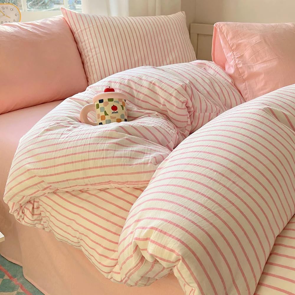 Michorinee King Size Duvet Cover Set Pink Stripe Pattern White Bedding Set โ image 1