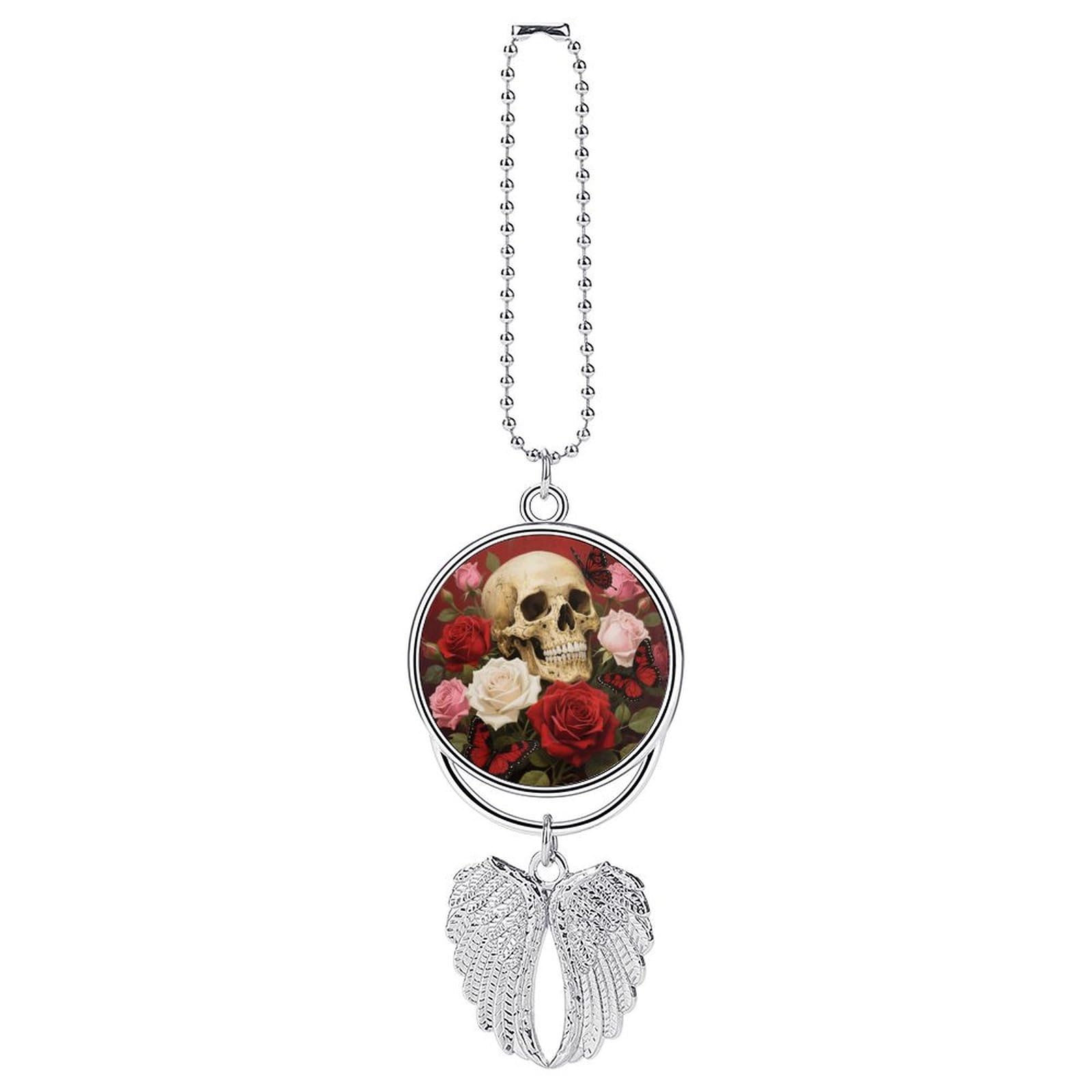Vintage Rose Skull Guardian Angel Wing Car Ornament for Mirror, Zinc Alloy Hanging Charm with Spiritual Design for Protection, Rearview Mirror Accessory Decor Gift for Women Men(Silver)