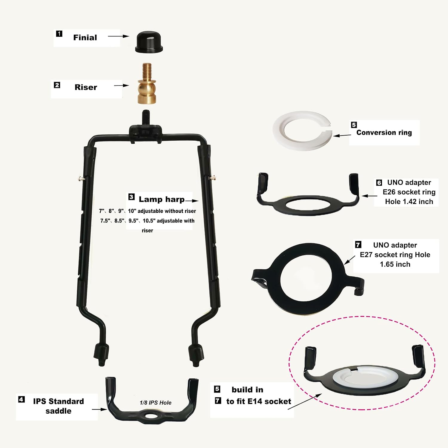 GY & CK® Lamp Harp Lampshade Holder Kit 7 to 10 inch or 7.5 to 10.5 inch Height Adjustable with The 1/2 inch Shade Riser, DIY Lamp Parts Lampshade Harp, Black, (1 Pack)