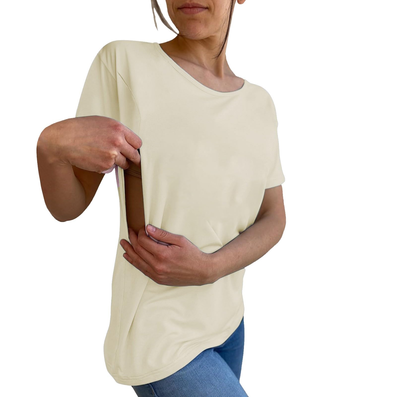 Stilltops Damen Kurzarm Solid Rundhalsausschnitt mit Reißverschluss lose Ärmel Top Bequem Einfach Elegant Umstandsshirt Stillfreundliches Umstandsmode T-Shirt