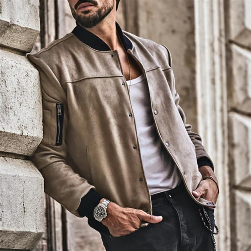 Image of Mens Faux Suede Bomber Jacket Varsity Jacket Windbreaker Vintage Casual Lightweight Leather Coats Jackets
