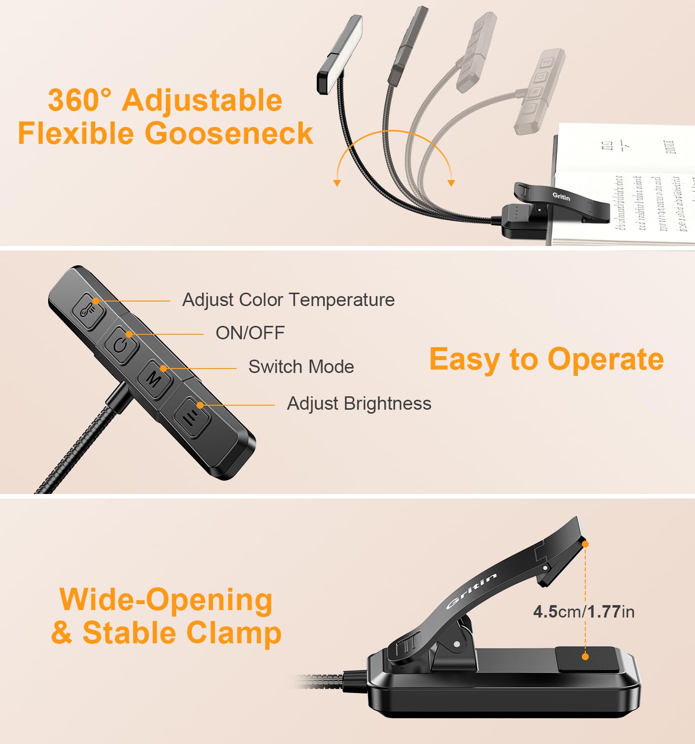 Gritin 2026 Gen 2 Luz Lectura Recargable, 32 LED de Espectro Completo para Protección Ocular, 5 Colores y 5 Niveles de Brillo, Ajustable Haz Ancho/Estrecho, Batería Larga Duración Ideal para leer