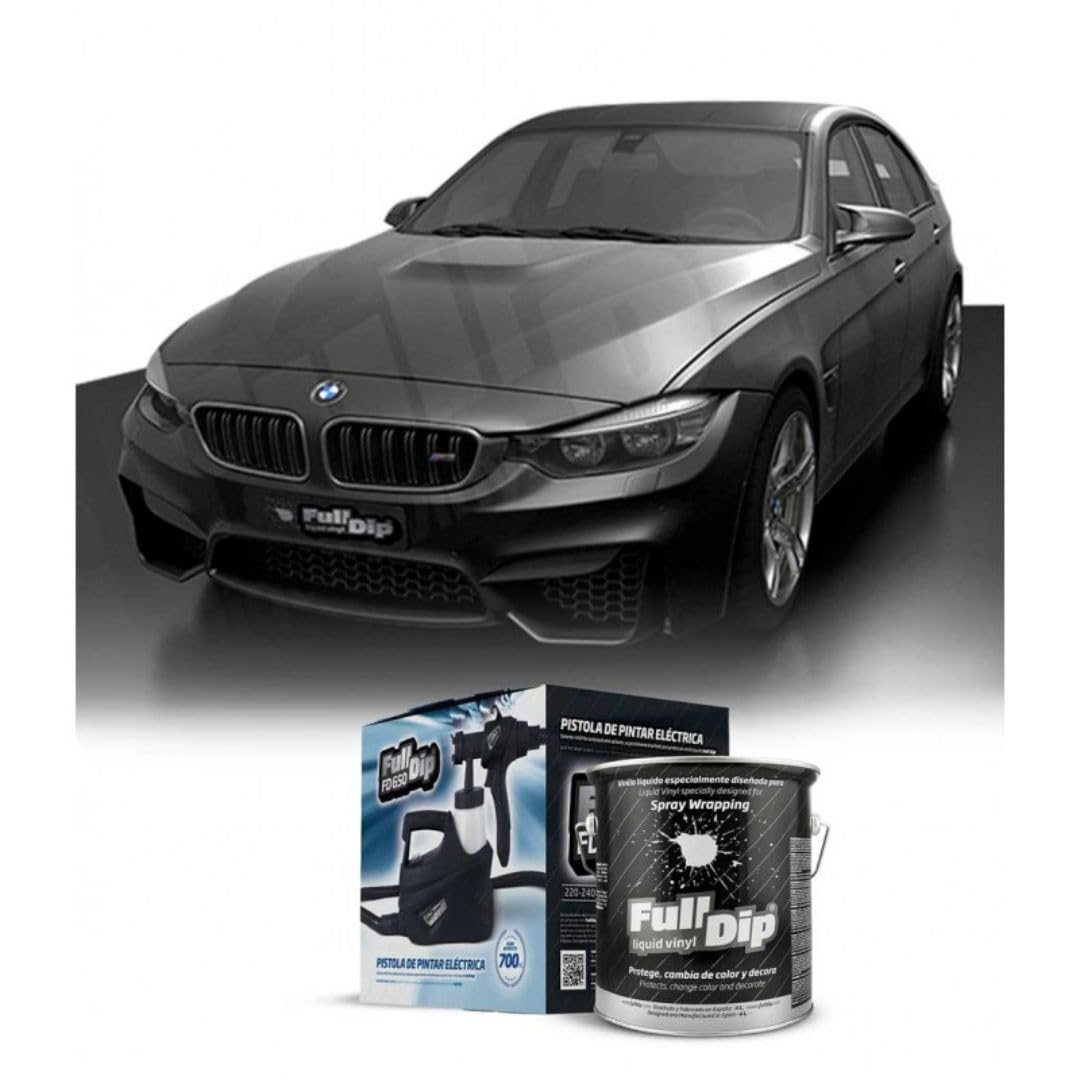 AutoFullCar - Kit Pintura Vinilo Líquido Full Dip - Formato 4 Litros + Pistola Eléctrica | Acabado Profesional y Removible | Fácil Aplicación | Coches, Motos (HYPERBLACK METALIZADO, URBANO)