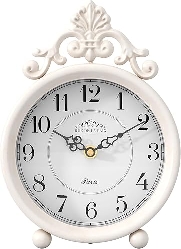 Reloj de mesa blanco vintage, reloj de mesa y repisa, estilo rústico francés, estilo antiguo, para granja, dormitorio, sala de estar, mesita de