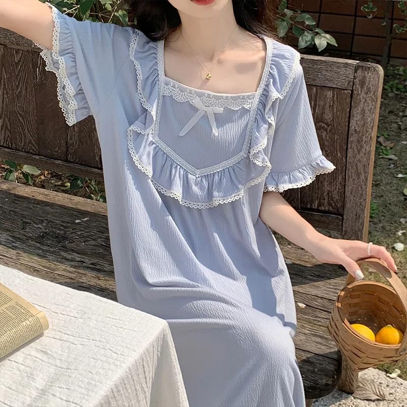 OFFSUM Camisón De Pijama De Mujer - Dulce Verano Encaje Bordado Princesa Ropa De Dormir Estilo Francés Temperamento Albornoz Cuello Cuadrado Color Sólido Ropa De Casa
