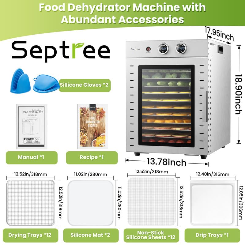 Image of Food Dehydrators Machine with 12 Stainless Steel Trays with Timer Setting Temperature Adjusted 68 ℉ to 194 ℉ Dryer for Herb Fruit Meat Vegetables Mushroom Beef jerky for Commercial Household large