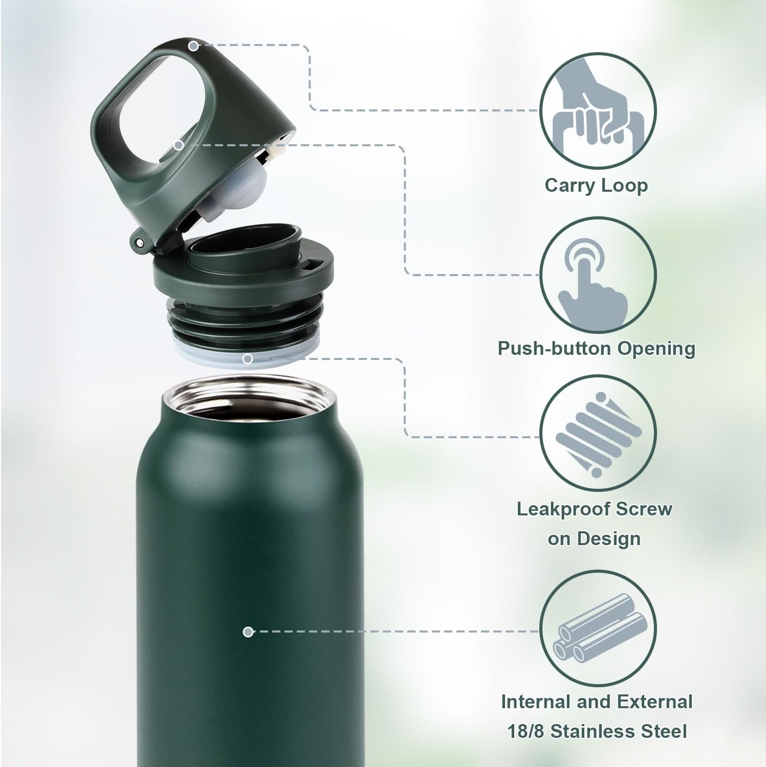 Insulated Thermo Water Bottle with Handle 20oz Stainless Steel Water Bottle Metal Water Flask Water Bottle for Hot and Cold Drink for Hiking, Workout, Gym, Travel (Green, 600ml) - Image 4