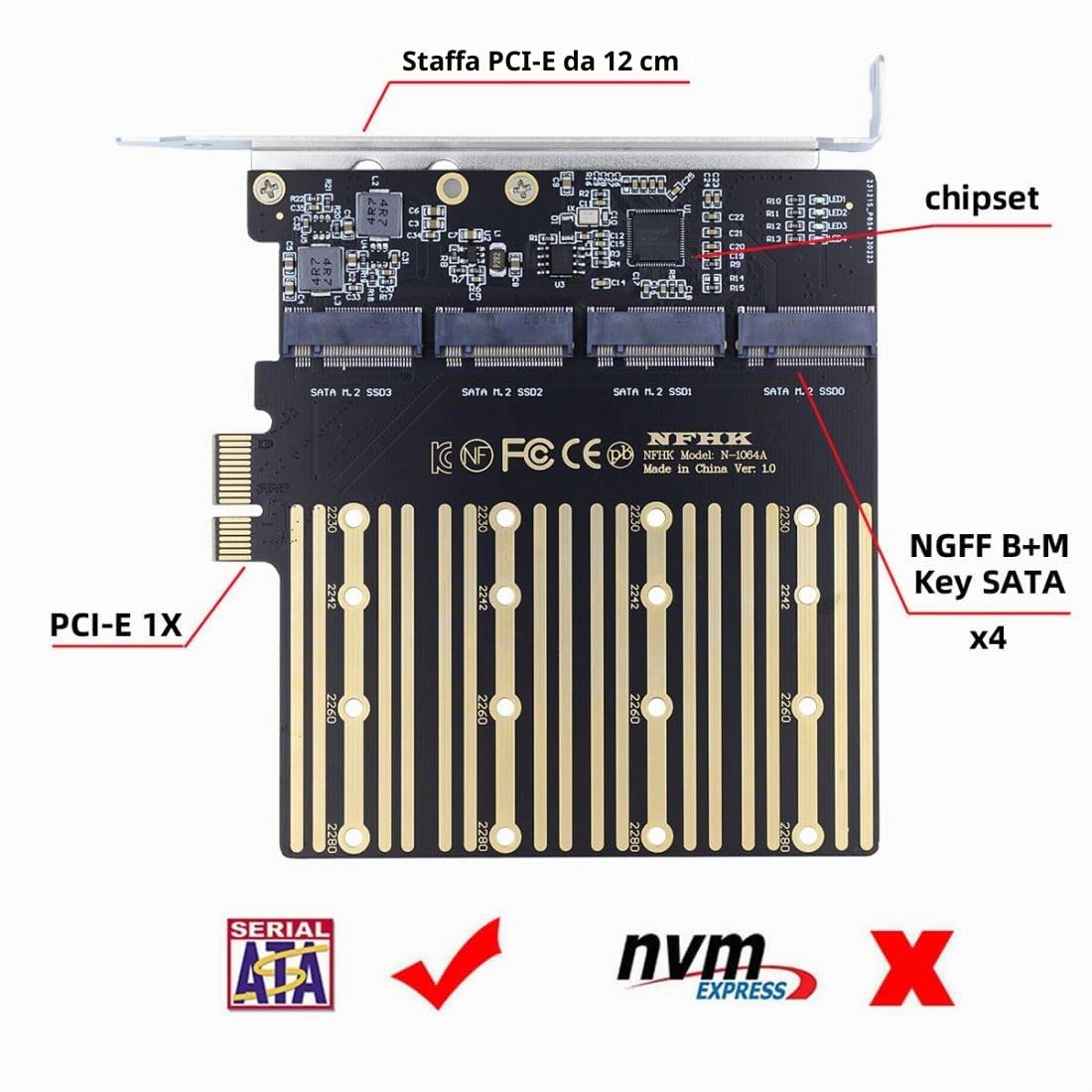 chenyang Adattatore M.2 SSD a PCI-E X1 4 SATA SSD a PCIe 3.0/4.0 Adattatore scheda di espansione ASM1064 Chipset con staffa PCI-E da 12 cm