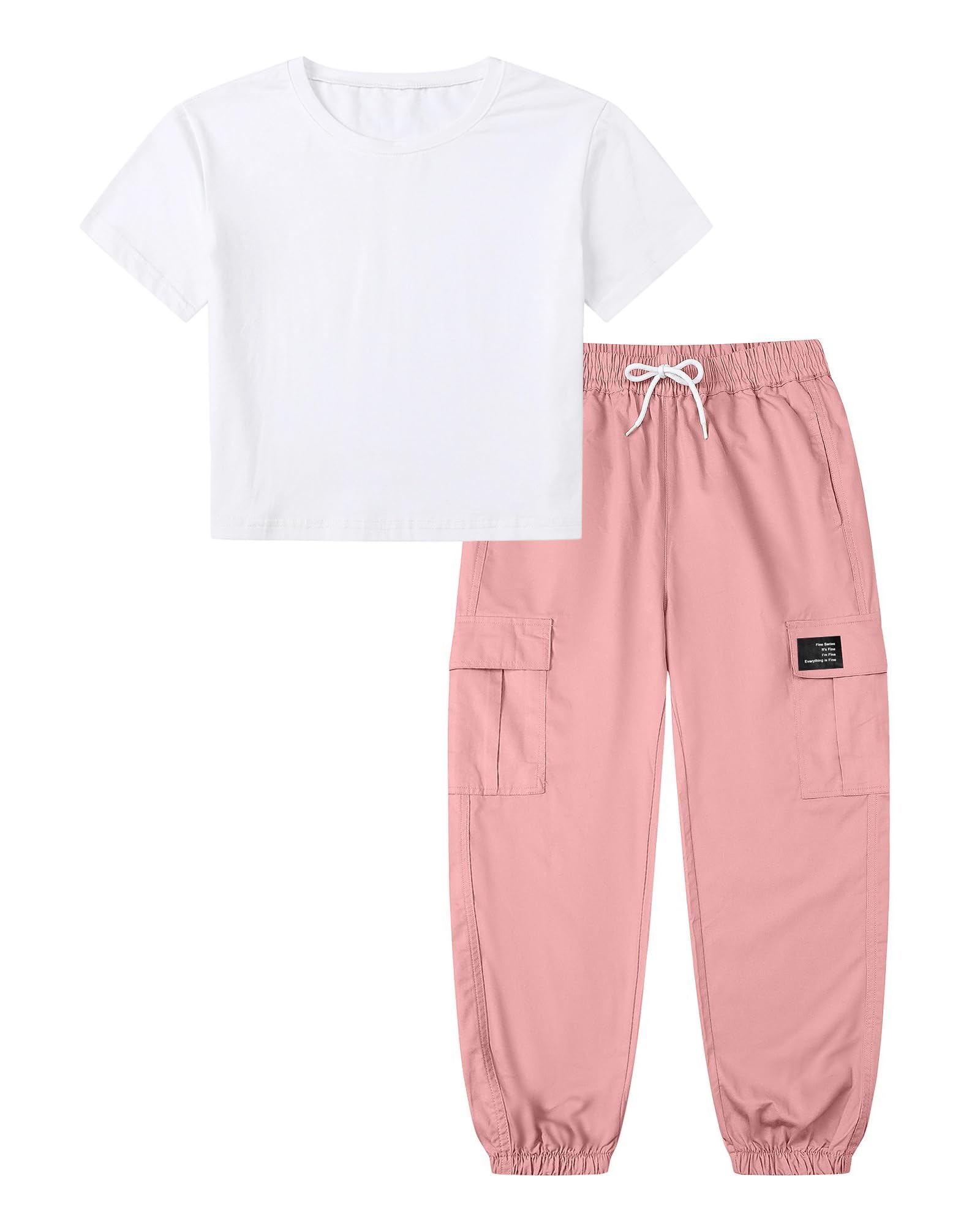 Betusline Girls Fall Winter Clothing Sets, Long Sleeve Crop Top &amp; Cargo Jogger Pants 2 Piece Outfit Sets,4T-14Y