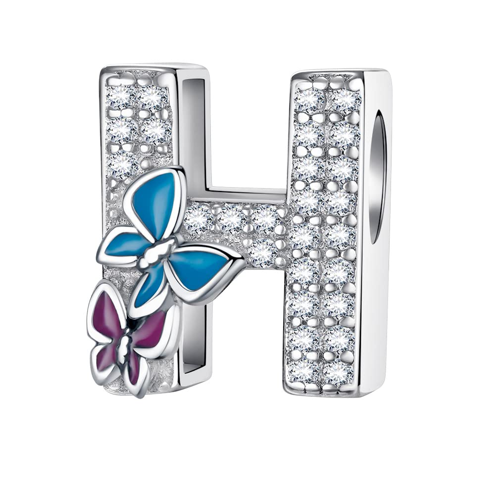 Complete A~Z Alphabet Charm Letter Beads, Solid 925 Sterling Silver with Cubic Stones Flower Butterfly fits European Bracelets Necklace Women Jewelry