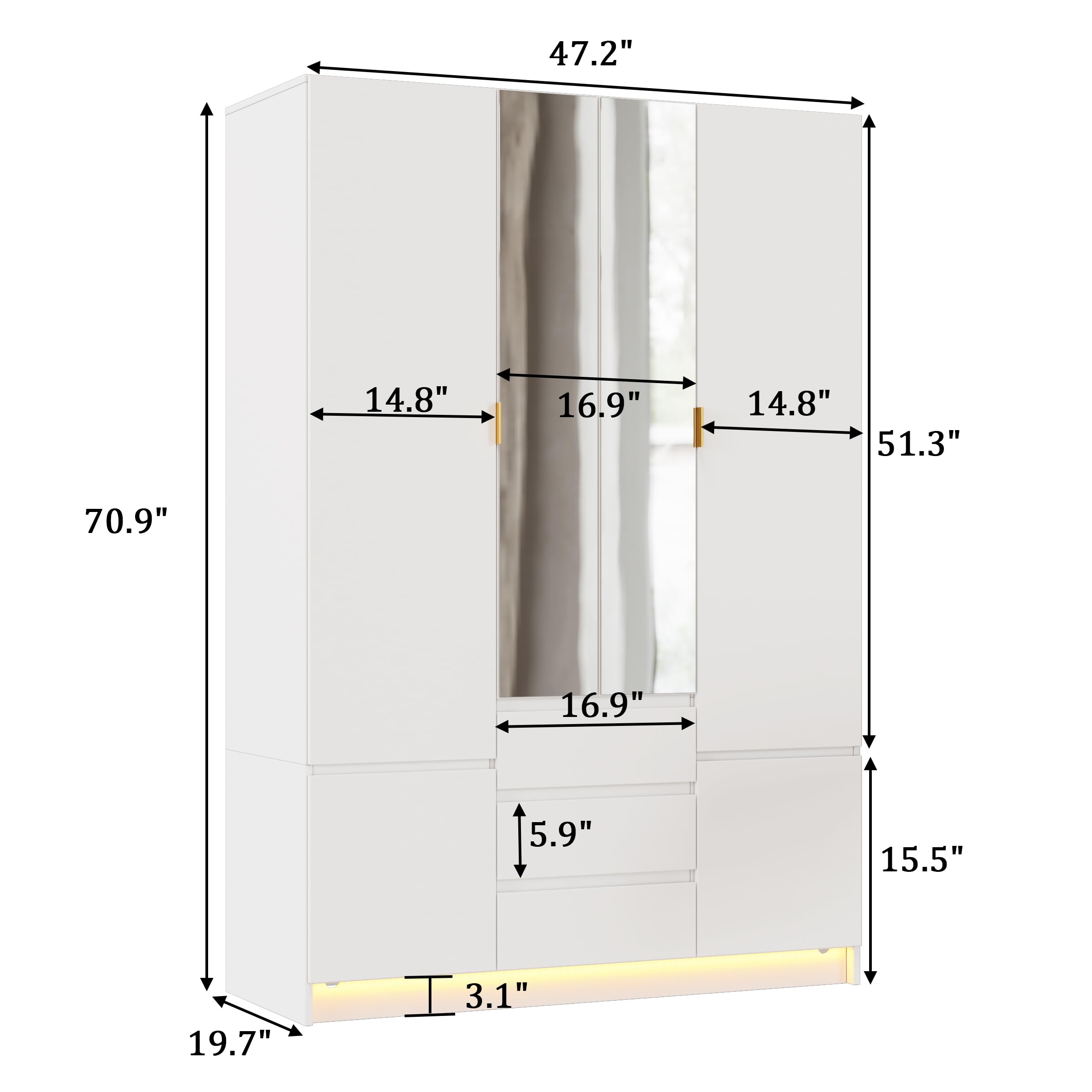 MSFE Armadio Camera da Letto 4 Ante con Specchio,Wardrobe Camera Moderna con LED,3 Cassetti e Asta,Grande Armadio per Cameretta,Camera dei Bambini,da Ingresso,50 * 120 * 180CM