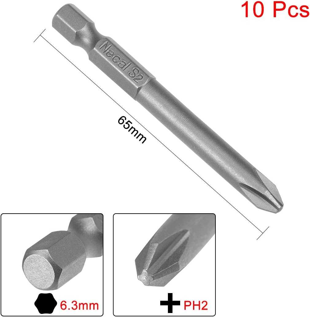 uxcell 10pcs 65mm 1/4" Hex Shank 6mm PH2 Magnetic Phillips Head Screwdriver Bits S2 High Alloy Steel