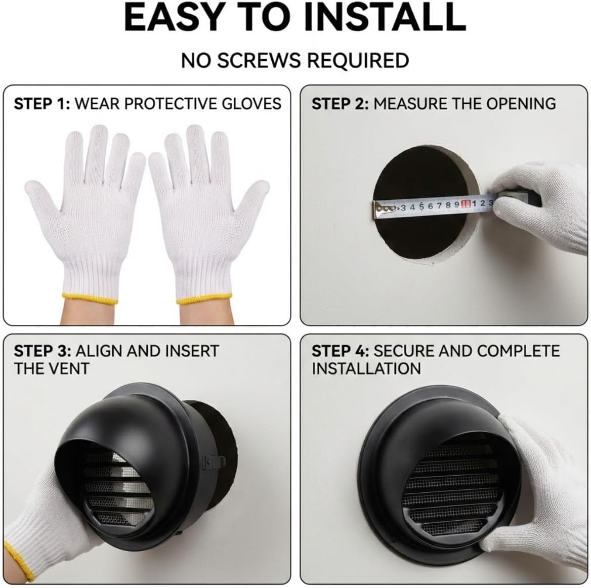4 Inch Round Metal Dryer Vent Cover, 3" 5" 6" 7" Black 304 Stainless Steel Air Vents for Wall, Outdoor Exhaust Hood, Outside Bathroom Soffit Screen Grille, Free Gloves(150mm/5.9in)