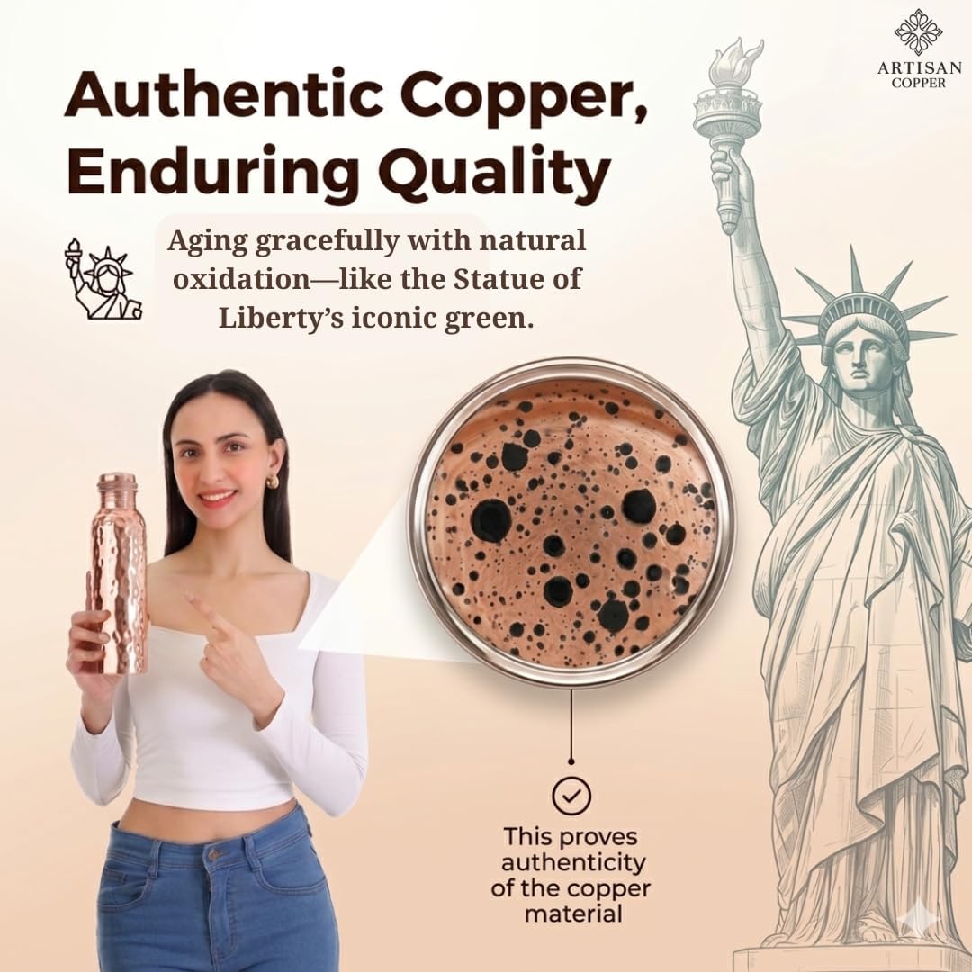 Artisan Copper 100% Pure Copper Water Bottle 32oz Versatile and Travel-Friendly, Ayurvedic Drinking Bottle for Women and Men Wide Mouth Design Carrying Canvas Bag