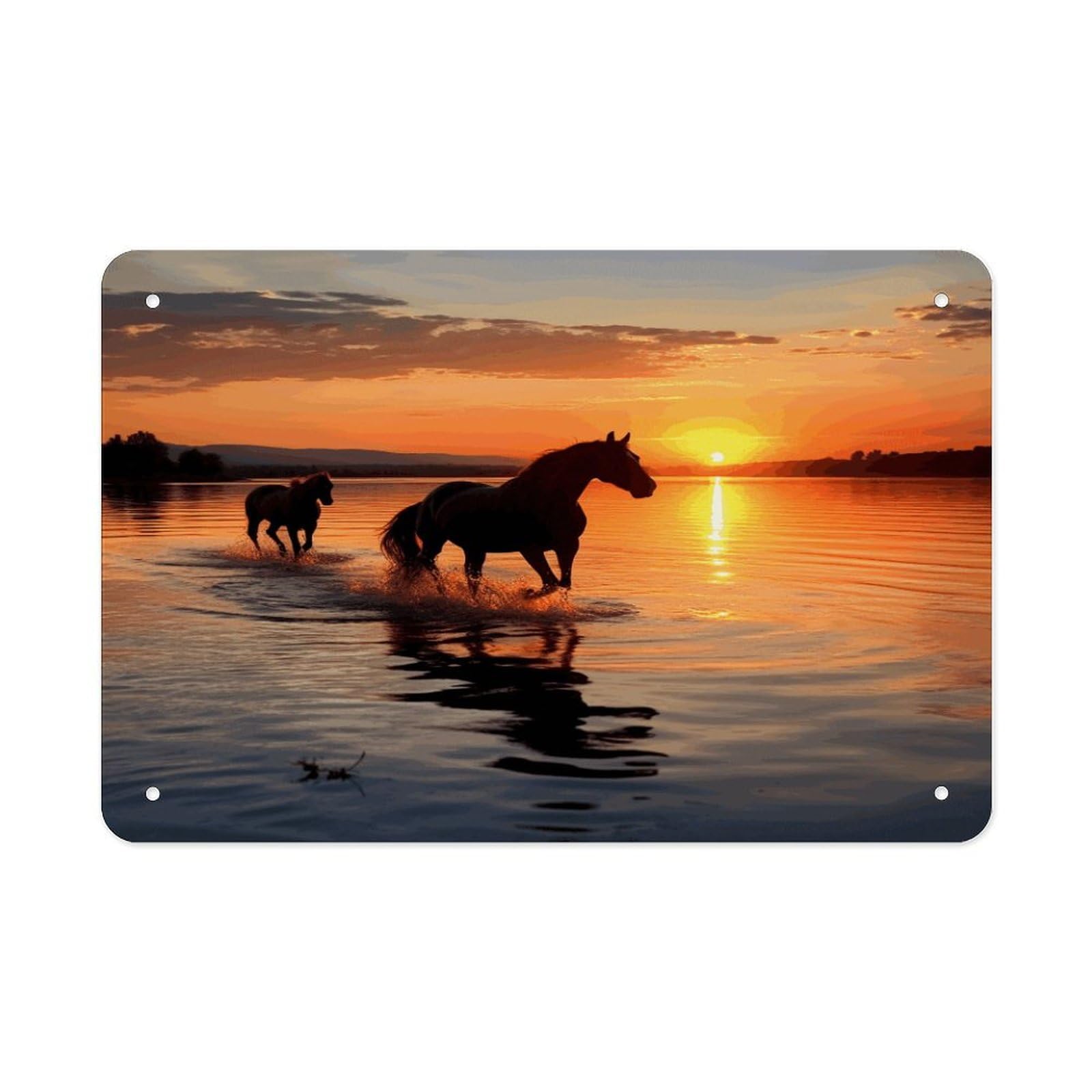 Sunsets Lake Horses Metal Tin Sign 12"x8" Wall Art Prints Poster Decorative Picture Metal Signboard Decor Painting Folded Edge Iron Sheet Painting with Holes for Wall Decor