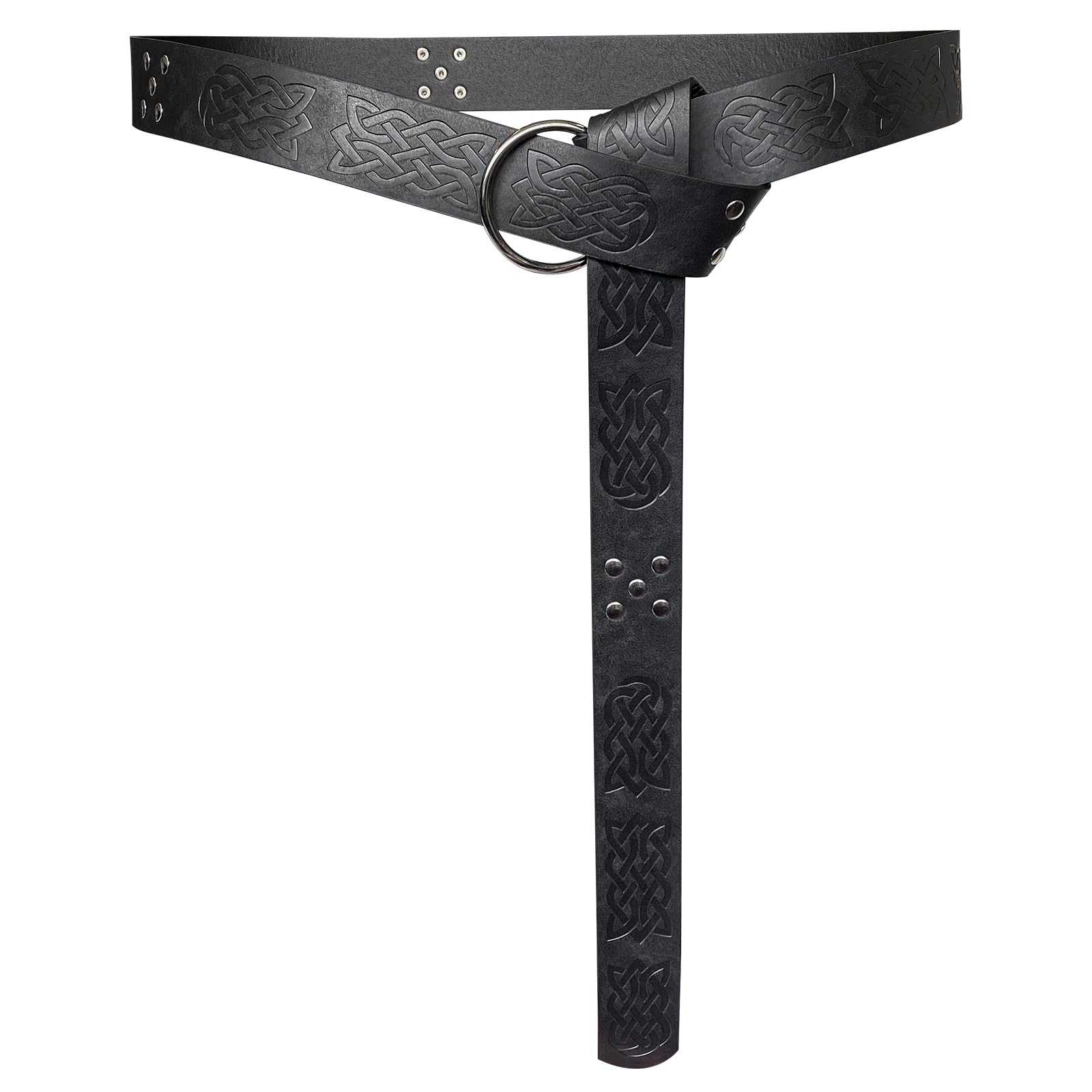 HiiFeuer Medieval Embossed PU Leather O Ring Belt, Retro Renaissance Knight Belt (Black C)