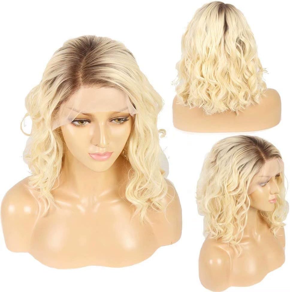 Ivan Cosmetic 14inch 2Tones Ombre Brown Top To Blonde Short Wave Kanekalon Synthetic Lace Fornt Heat Resistant High Density Wig With Baby Hair Pre Plucked Hair For All Skins Women.